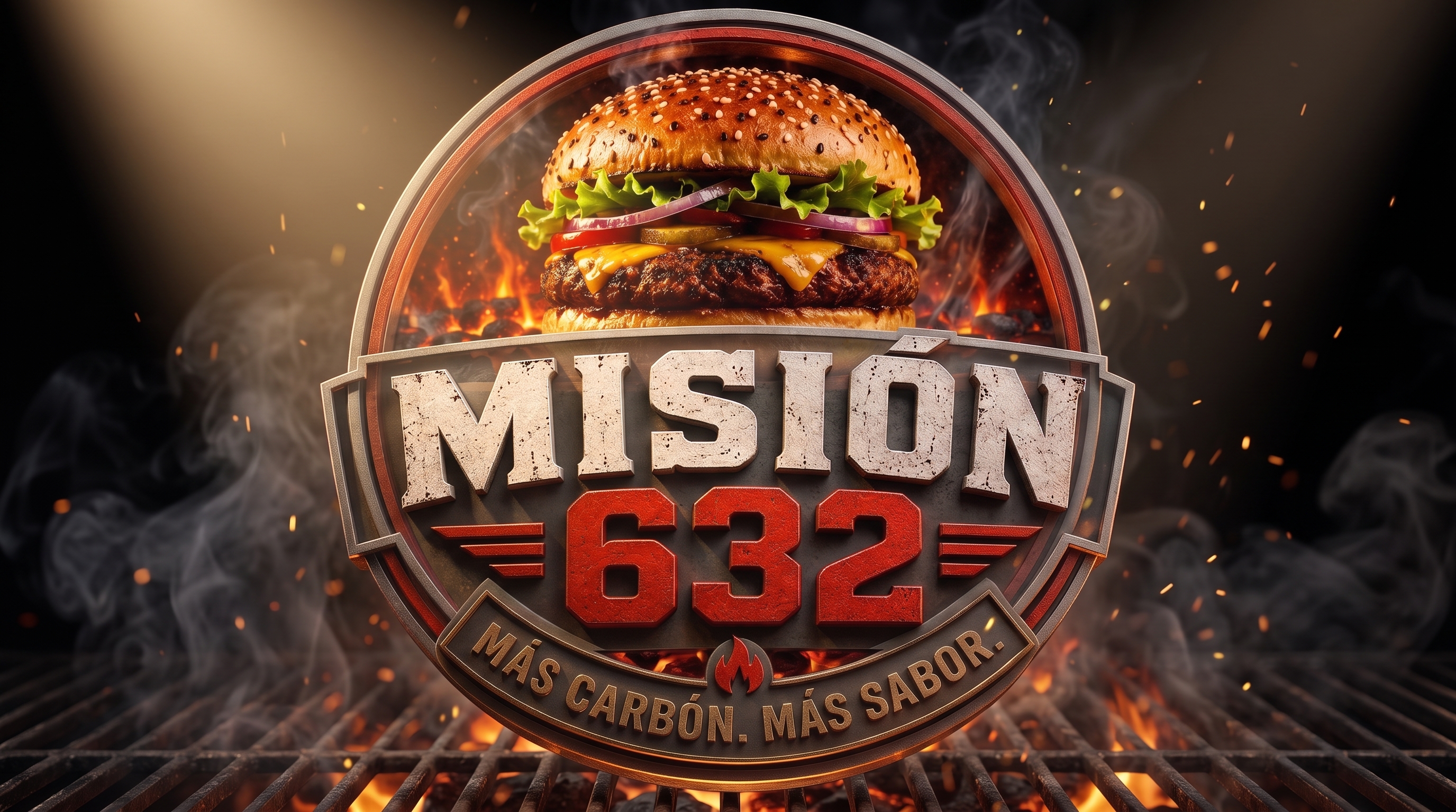 Hamburguesa al carbón y logotipo de Misión 632